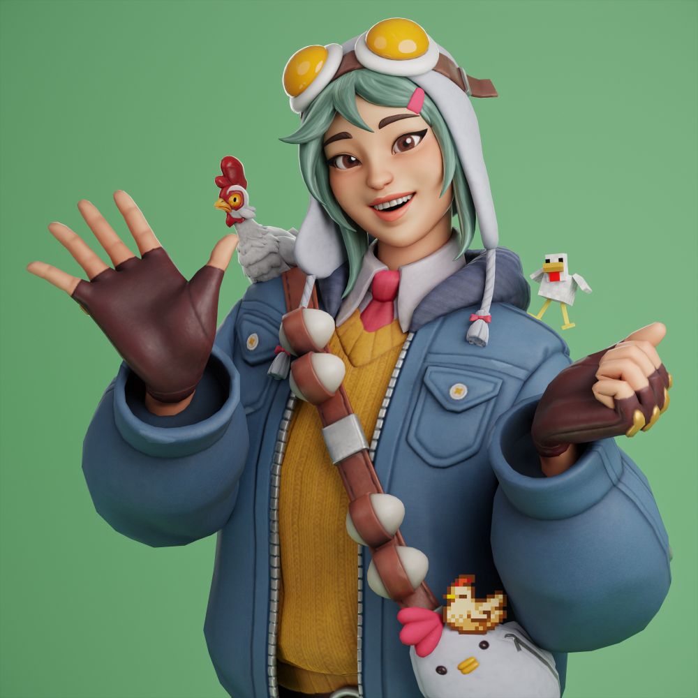 Hensey from Fortnite posing in front of a pale green background with the chickens from Minecraft, Fortnite and Stardew Valley around her.