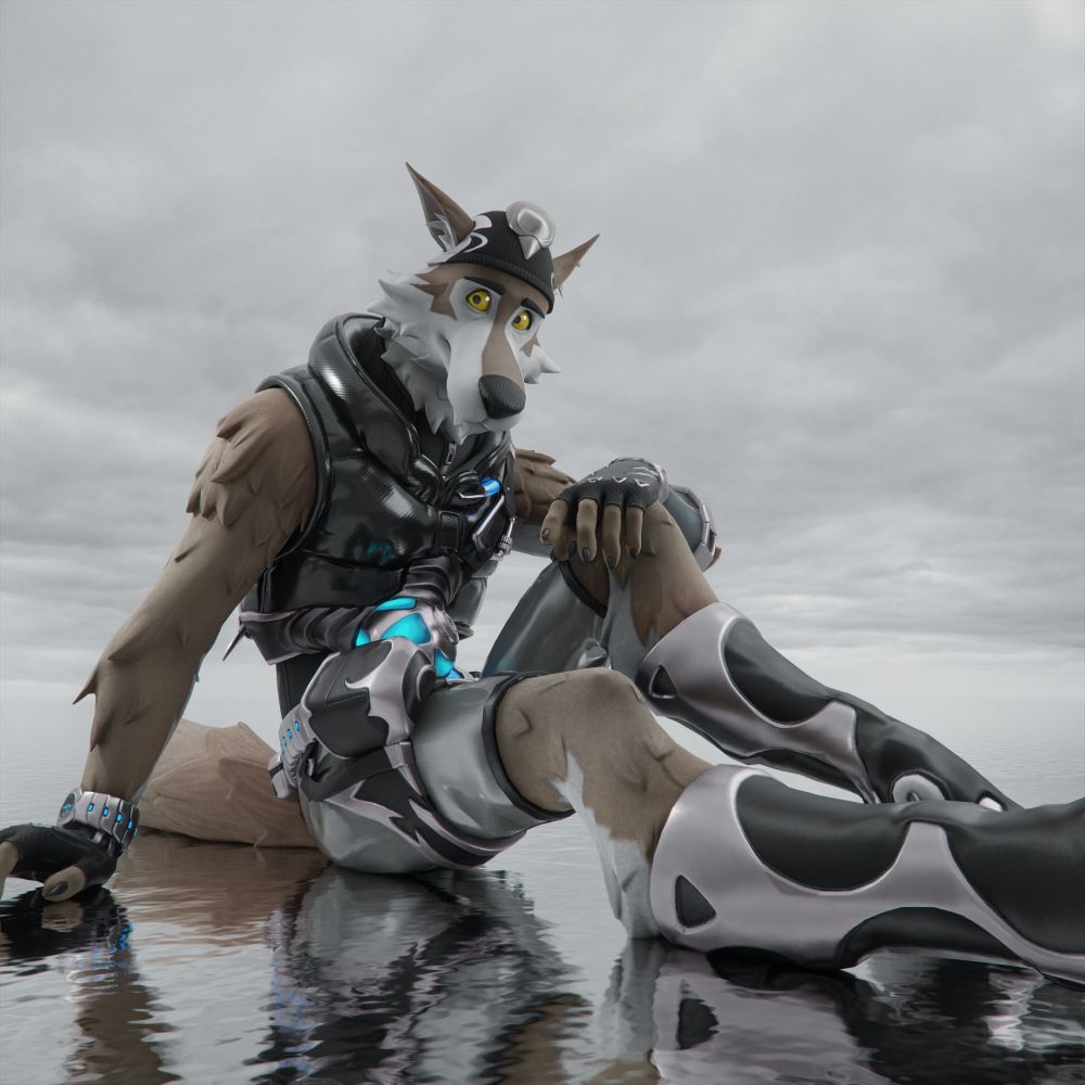 Wendell from Fortnite sitting on an endless body of water on a cloudy day.