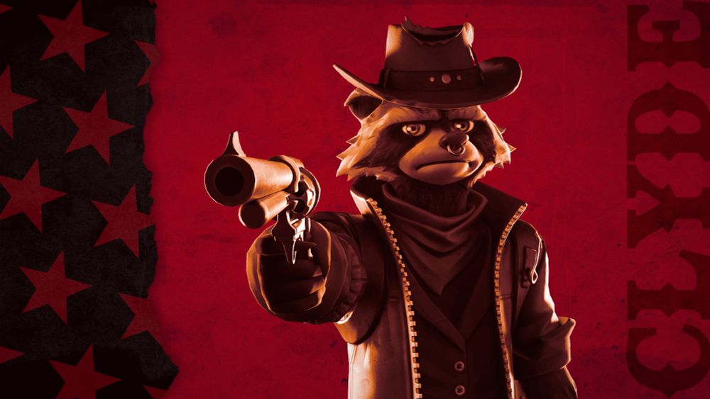 Clyde from Fortnite pointing a gun at the camera in a western style poster.
