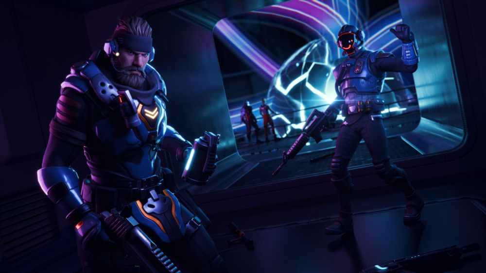 Cyprus Nell and The Visitor from Fortnite at The Bridge from the Imagined Order headquarters while Jonesy and The Foundation are at the Zero Point behind them.