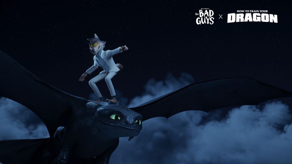 Mr. Wolf from "The Bad Guys" riding on Toothless from "How to Train Your  Dragon" high up in the clouds on a starry night.
