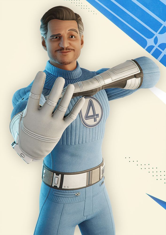 Reed Richards from The Fantastic Four posing while showing the number 4 with his hand.