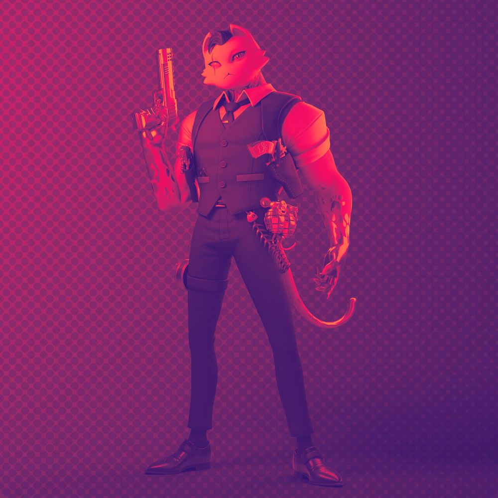 Meowdas from Fortnite posing with a gun.