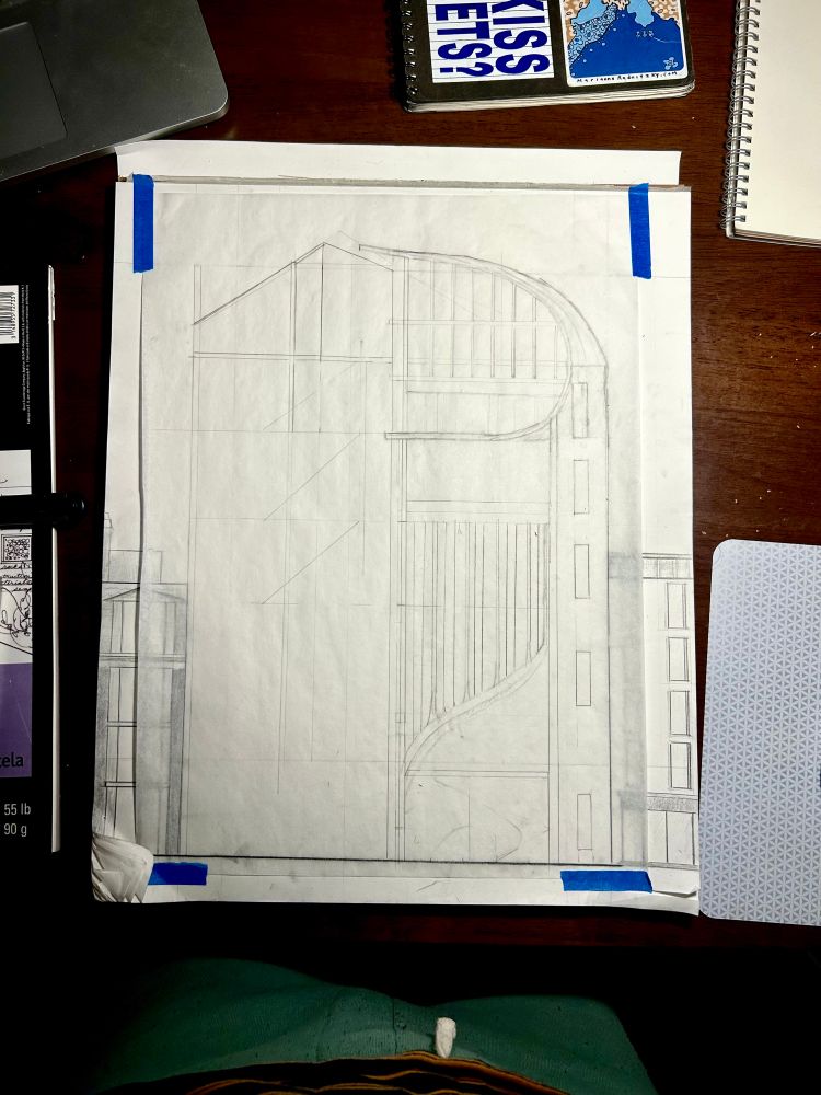 WIP front elevation for a project of mine. 1/8” :1’, drawn on trace paper laid over a sketch of irl location