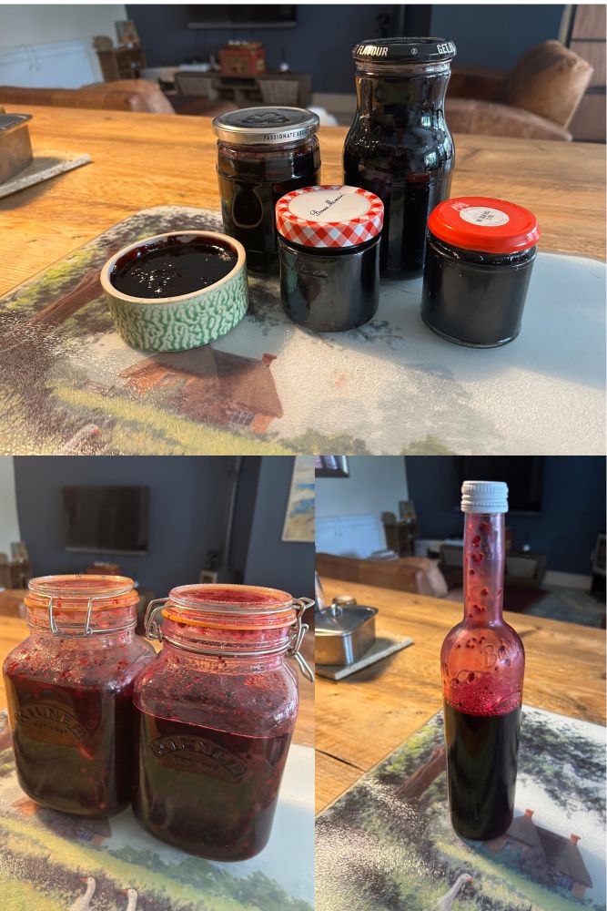 Top, 4 jars and 1 dish of homemade blackcurrant jam. Bottom left, 2 big kilner jars of homemade gin crème de cassis. Blackcurrant pulp, sugar, gin. Leave for 3 months. Bottom right, homemade blackcurrant cordial. 