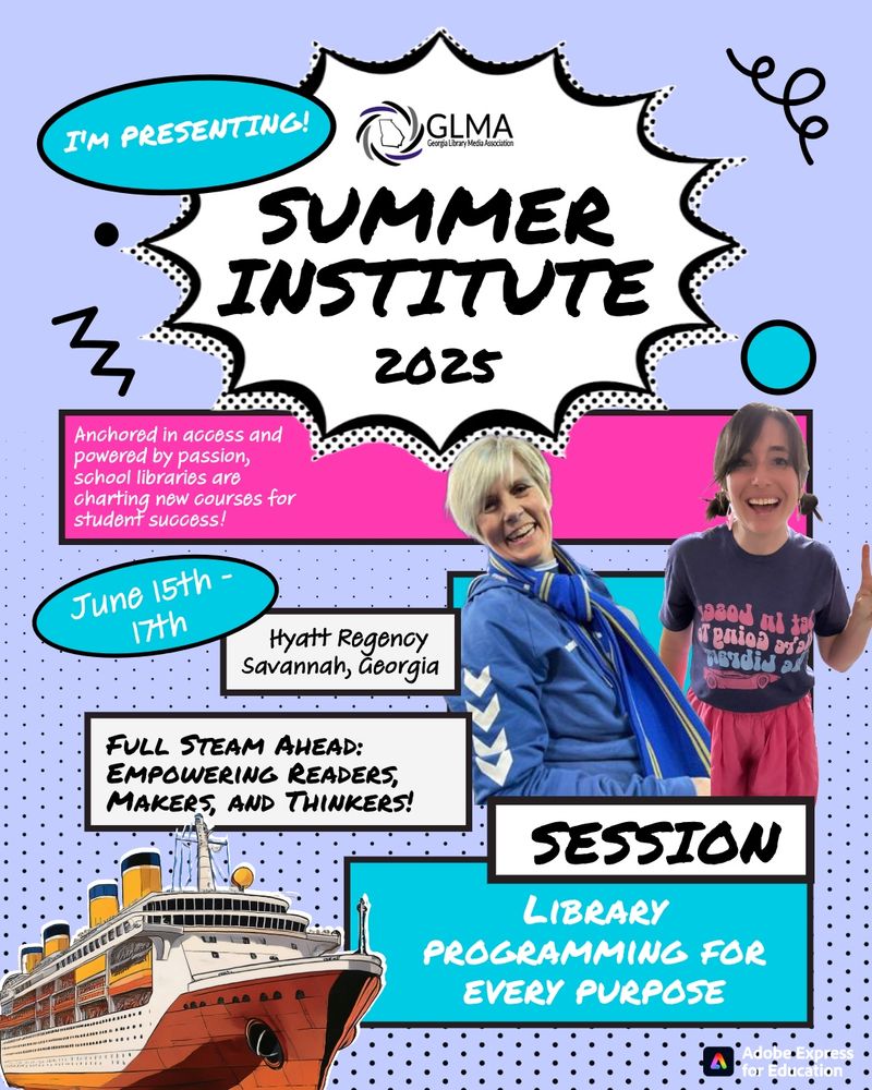 A colorful “I’m Presenting!” graphic with pictures of Lindsey Keown and Bridget Bryson to promote their GLMA Summer Intitute presentation titled “Library Programming for Every Purpose.” 