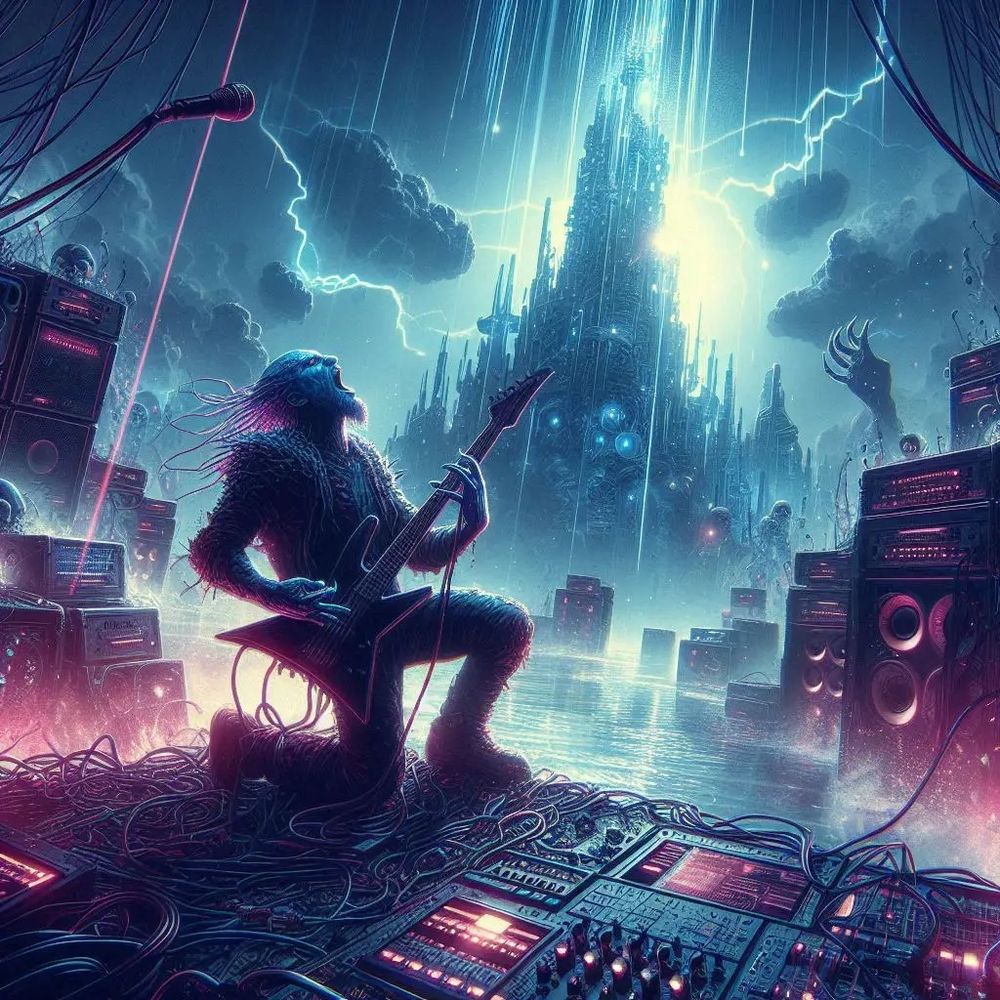 These four generated by Dall-E 3. They generally depict a live stage performance of one or more rock musicians in fanciful settings. 

In the first, a slightly demonic figure kneels, head thrown back, absolutely shredding an electric guitar. The stage he’s on is littered with effects pedals, synthesizer equipment, speakers, and other such devices, connected by a web of cables. 

The background shows a massive fantastical tower during a thunderstorm. 