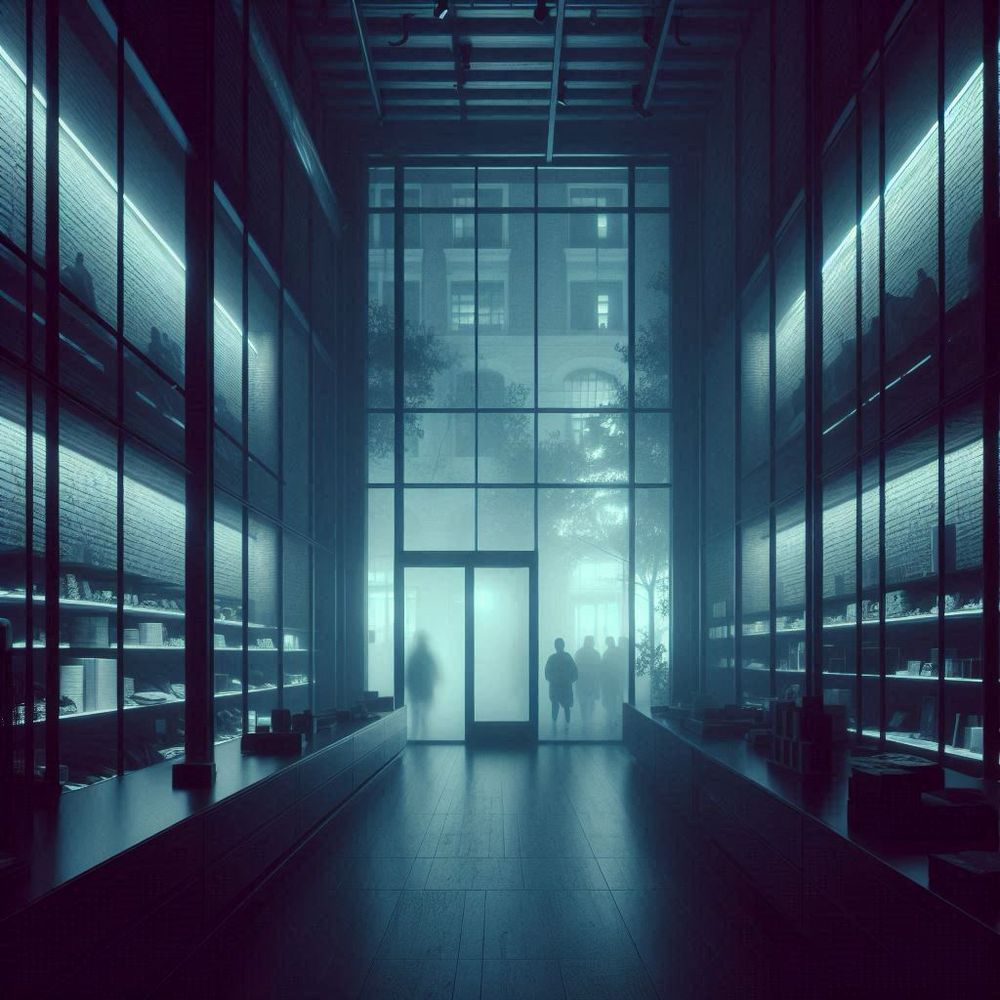 A very tall room, about two stories; the front window spans that height, with a glass door inset. This looks more like a lobby of a building, rather than a store; the visible walls suggest glass, beyond which other stores exist. Maybe a shopping mall?