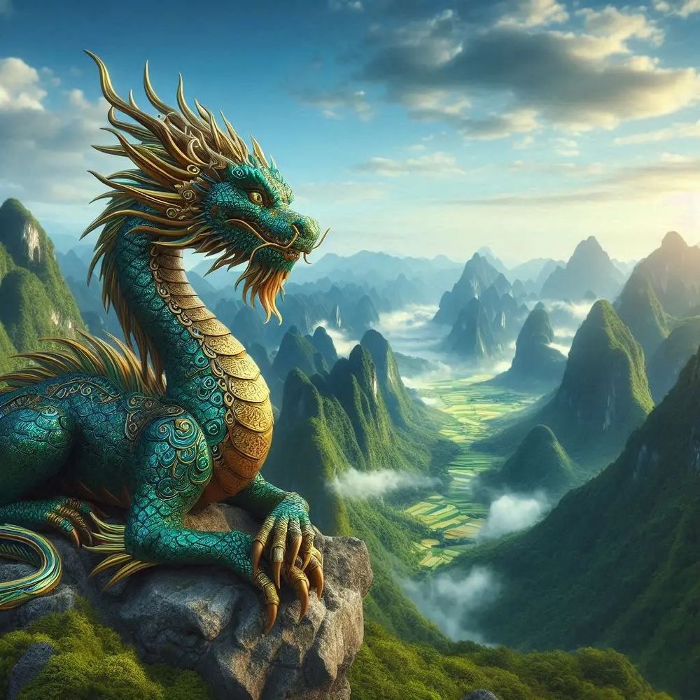 These four generated by Dall-E 3. They generally show a green and gold dragon sitting on a cliff overlooking a craggy river valley, looking pretty pleased with itself. 

The first has crossed four paws and neat gold detailing on its green scales. 