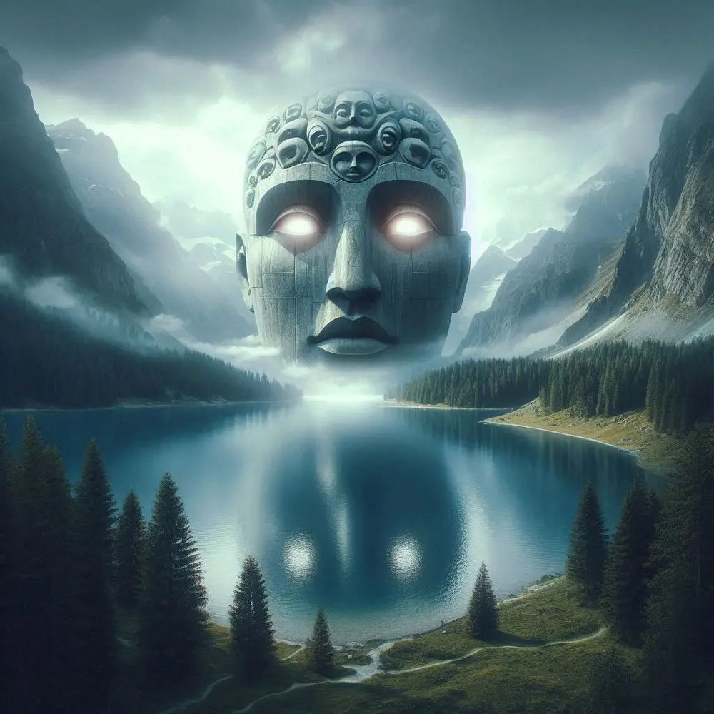 These four generated by Dall-E 3. They, generally, adhere to the setting described by the prompt. 

A lake amongst mountains, with a partial tree line and hills in foreground. 

Center top of the image is dominated by a large stone face with glowing eyes, reflected in the waters below. It appears to have a sort of headpiece wreath of other faces. 