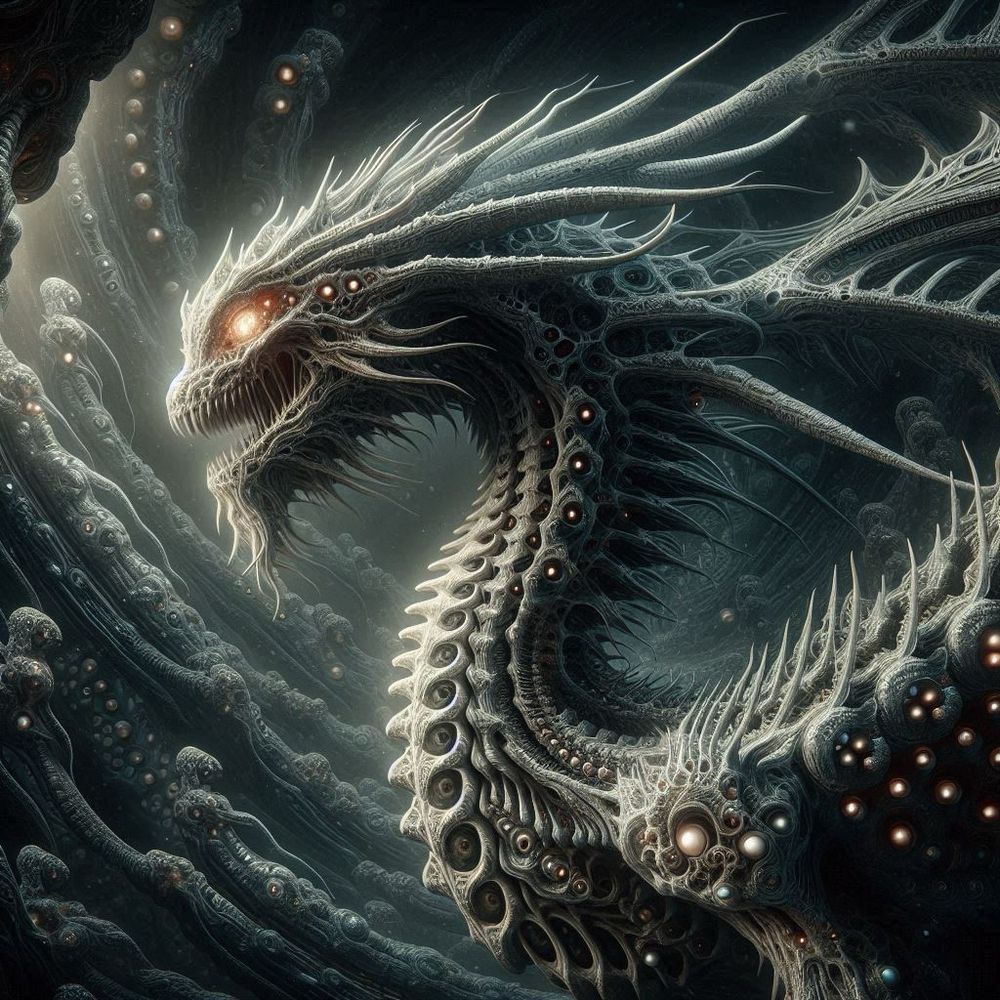 The room here appears ribbed in tubular growths; irregular pipework, perhaps. 

The dragon, mostly along its body, is marked with numerous glowing lights. Many of these cluster on its head, giving the appearance of many glowing eyes. 

Its neck is rather nicely bulky: the anterior exoskeleton appears rib-like, while the posterior flares out in triangular spikes, diminishing in size from a large backward swept crest at the head to a small set of needles at its shoulders. 