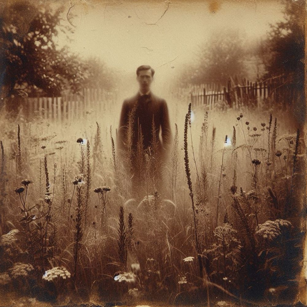 A man standing midfield, in what might be pastor vestments. A fence and trees denote the background, while the foreground is dominated by flowers. 

Again, a fog of unreality surrounds the subject, blotting out part of the image. 