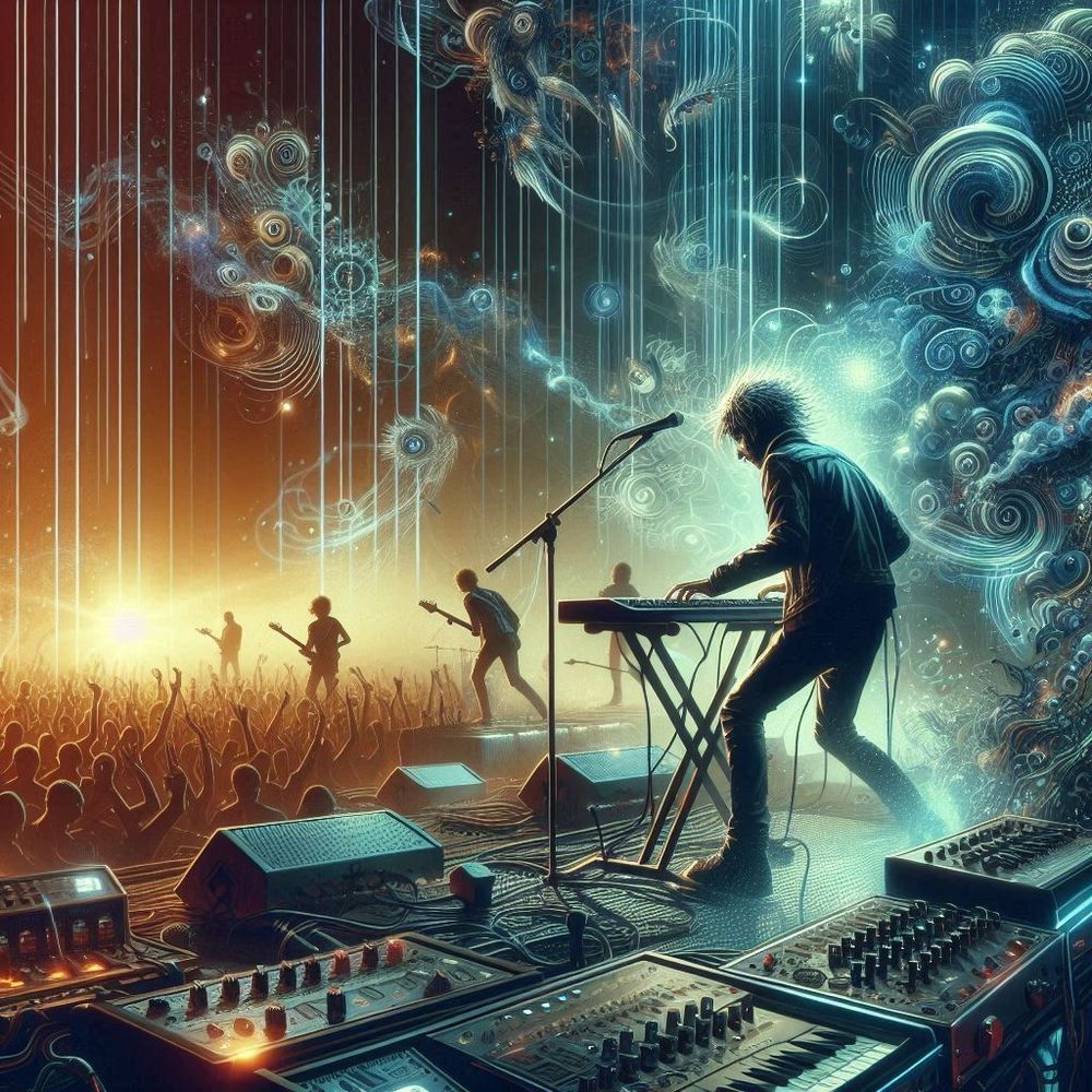 About five musicians on raised platforms extending out into the audience, staggered into the distance; the background musicians are playing guitars, while the foreground artist is on a keyboard. The stage nearby has numerous synths and audio equipment. 

The sky is split: on the left, a bright orb of yellowish light; on the right: a psychedelic series of fanciful spirals. 