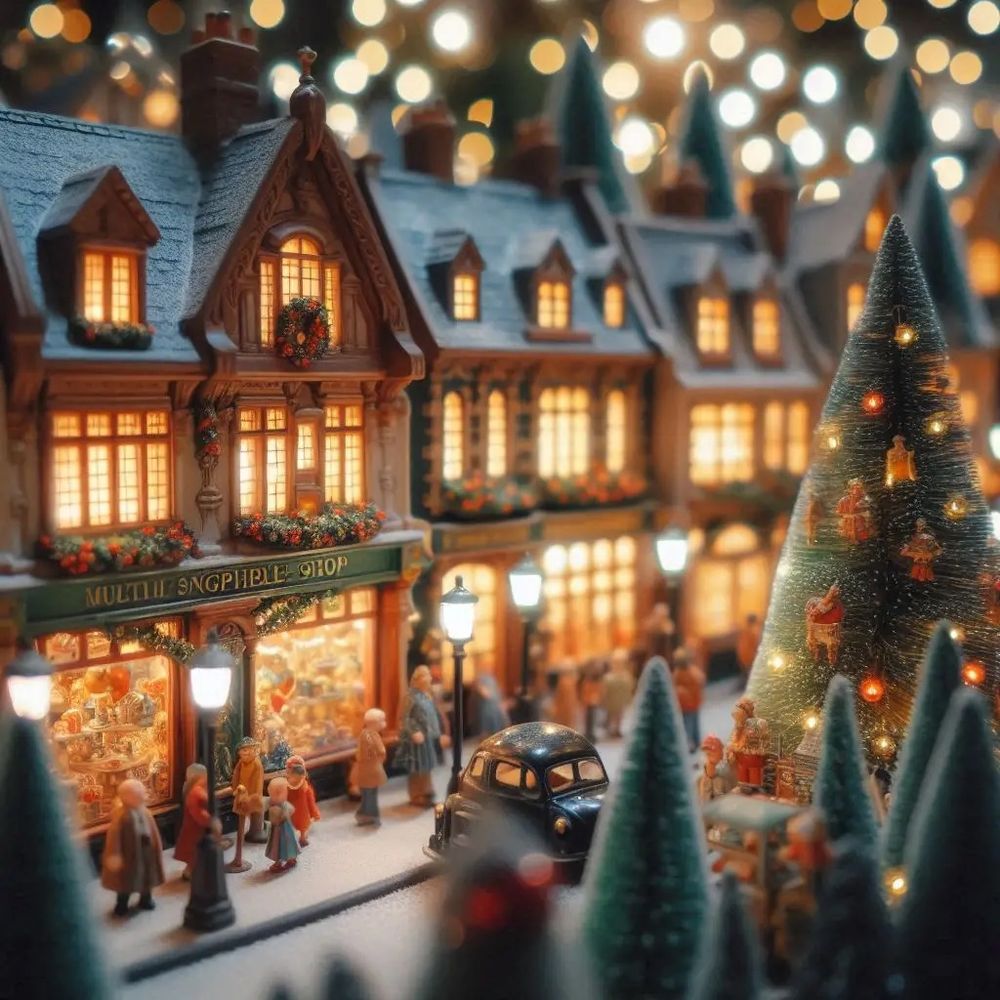 Similar to the first, but at a slightly different angle. The trees are primarily diminutive wire brush conifers, about twice the size of a figurine. A larger, decorated tree sits at the end of a street in this image on the right. 