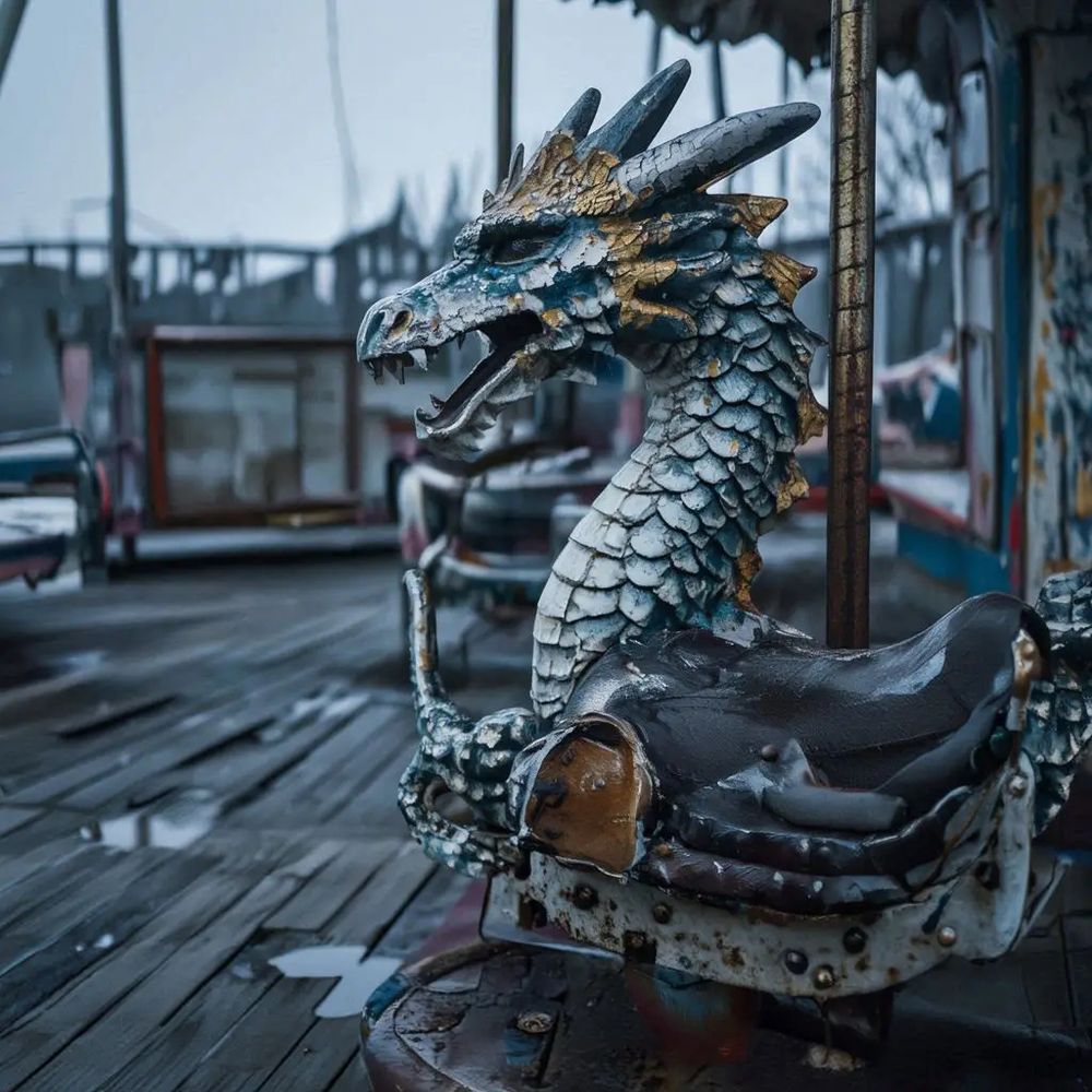 Generated by MAI-Image-1, from the above prompt text; this is a fair interpretation of the prompt, with a ride seat that passably resembles a merry-go-round animal. 