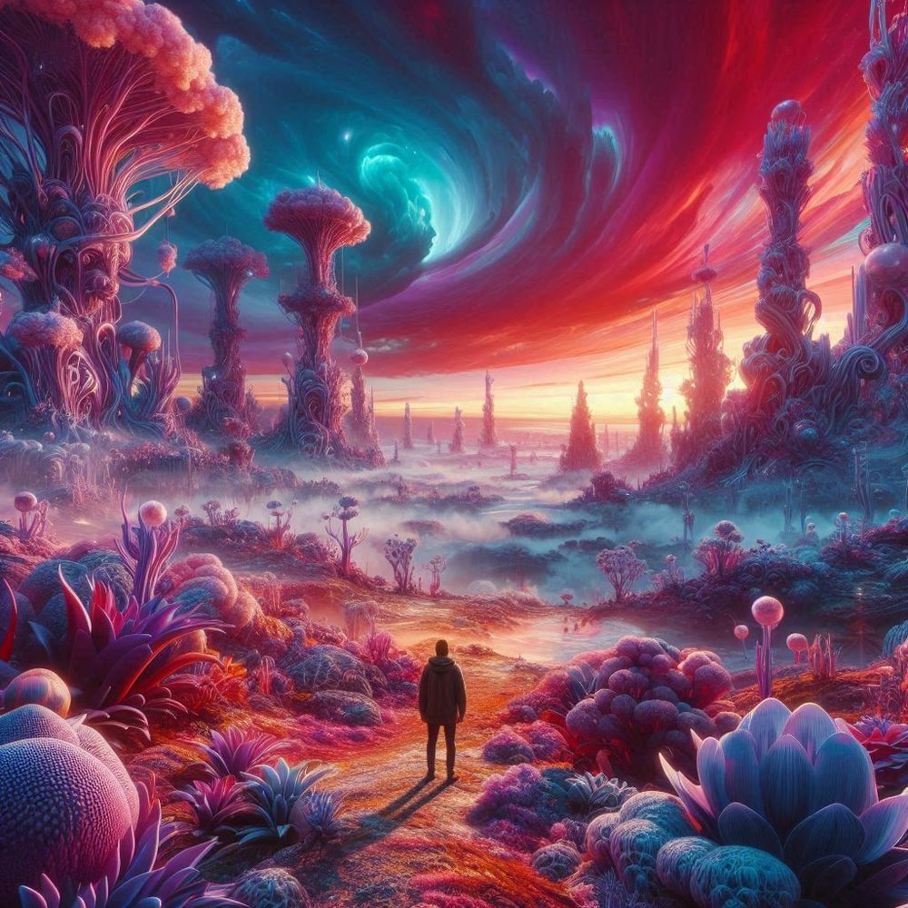 More coral growths, and perhaps some cabbage-like plants in the foreground. Spiral clouds in the distance. 