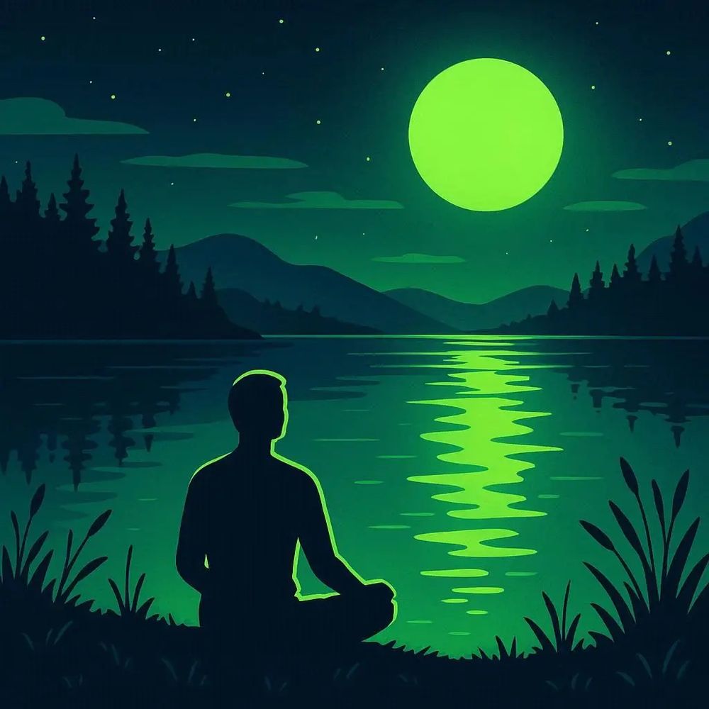 Via gpt-4o. 

A man, in silhouette, sits cross-legged, hands resting on knees, on the ground beside a body of water at night, gazing at the rising moon. The distant shores suggest a coniferous tree line, and mountains even further away. Clouds and stars dot the sky. 

Much of the landscape is in dark blue; highlights on the man, the moon, its reflection in the water are in green. 