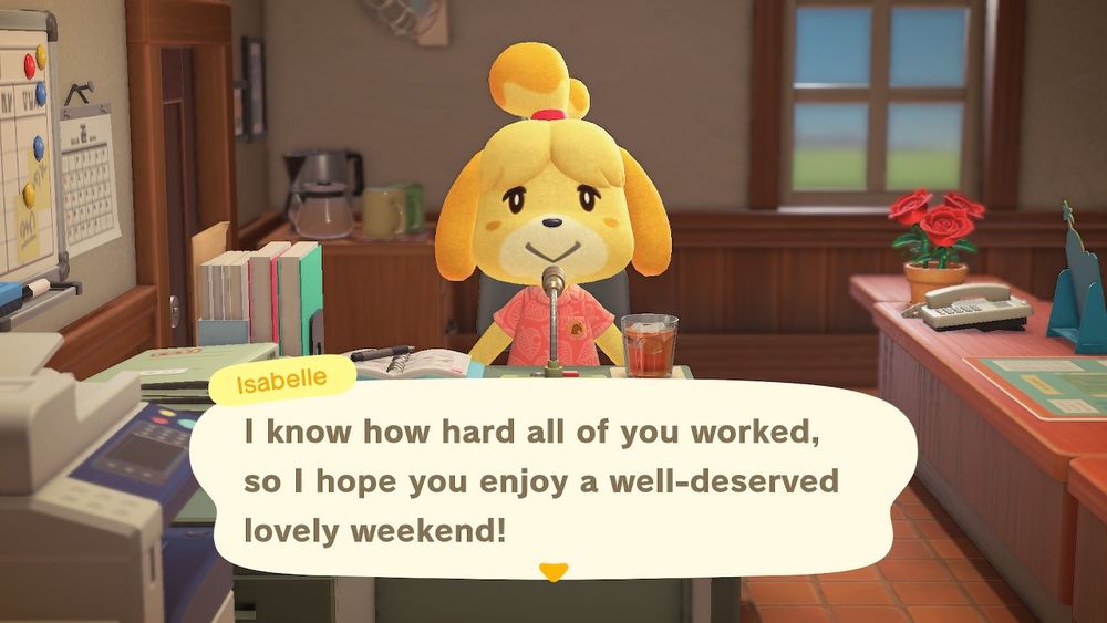 Isabelle from Animal Crossing: New Horizons sitting at her desk making morning announcements with a caption that’s says “I know how hard all of you worked, so I hope you enjoy a well-deserved lovely weekend!”