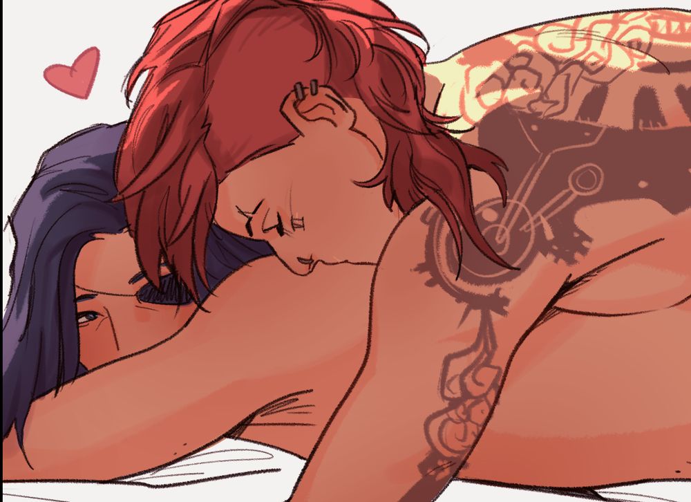 A digital sketch of Cait and Vi from Arcane. Vi is laying on Cait's back, kissing her shoulder.