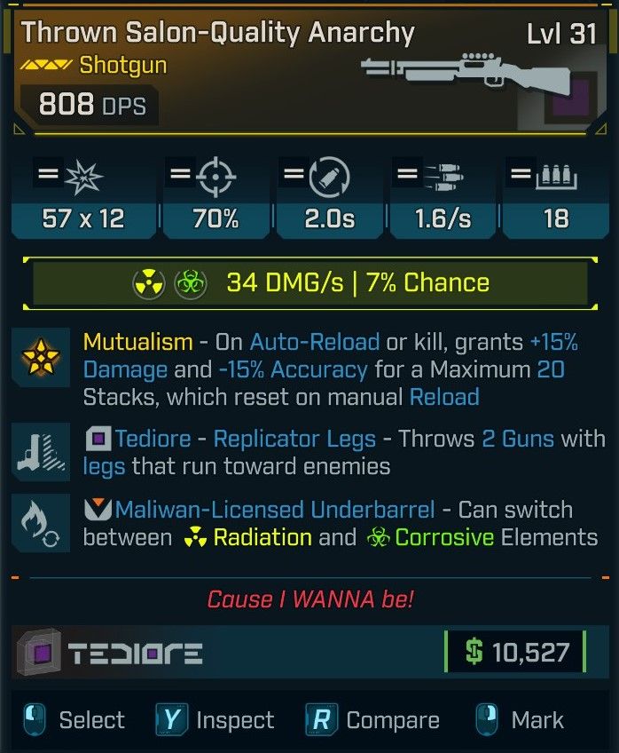 borderlands 4 weapon stat block. it's a shotgun that gains damage and loses accuracy with every kill and fully emptied clip, like gaige's anarchy skill tree in borderlands 2