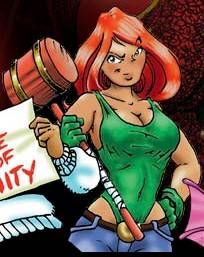 white woman with red hair. she's wearing a green one piece swimsuit and booty shorts.