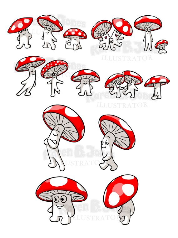 A collection of anthropomorphic cartoon mushrooms with red caps and white spots.  They are 17 of them in various fun poses.