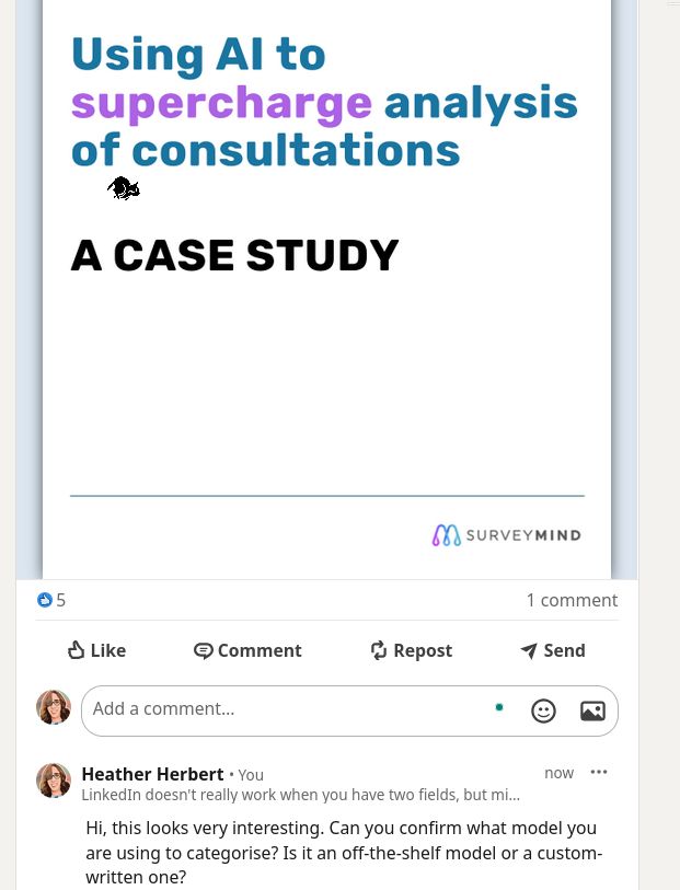 A comment from myself on Survey Minds Linked In post, asking

Hi, this looks very interesting. Can you confirm what model you are using to categorise? Is it an off-the-shelf model or a custom-written one?

And how do you validate it? Do you sample and manually test? If so, what kind of sample size would you need for say 50K responses?