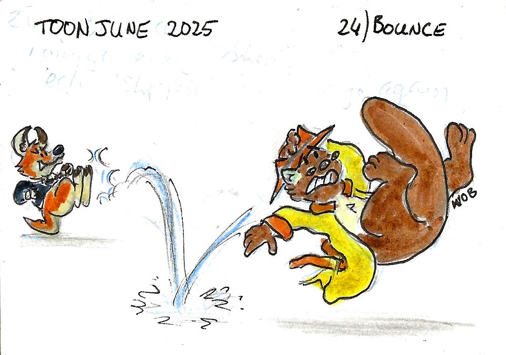 Kavanagh leans back on her tail and kicks Shades. He holds on to his hat as he soars through the air, leaving a cartoonish trail behind him.