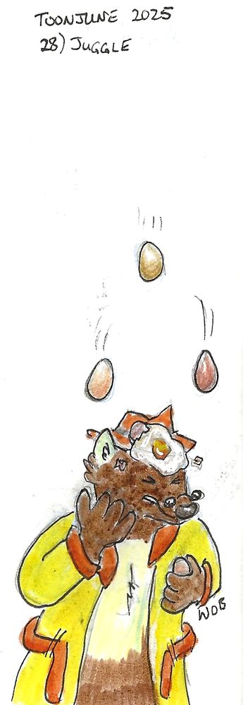 Shades is juggling eggs and he winces as a cracked egg dribbles down his face. It's enough to make him forget about the other three eggs that are still mid-air and coming down fast.