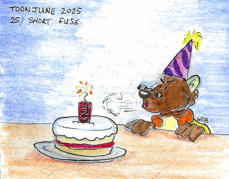 Shades dons a party hat and has difficulty blowing out the candle of a birthday cake. He doesn't realise it's actually a lit stick of cartoonish TNT...