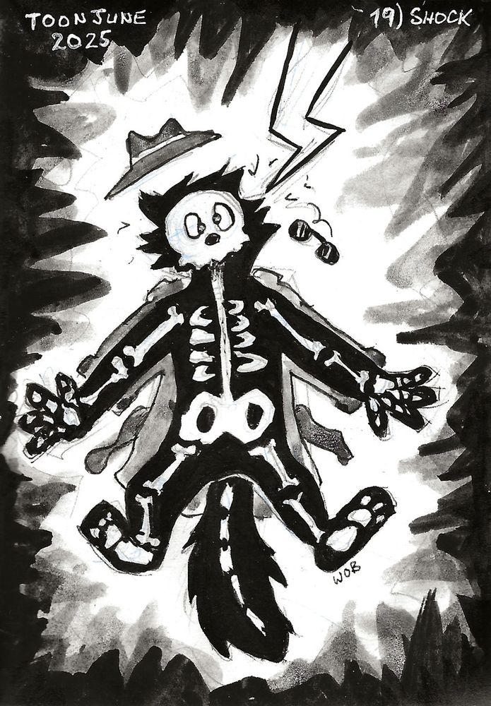 Shades is struck by a bolt of lightning, making his skeleton visible for all.