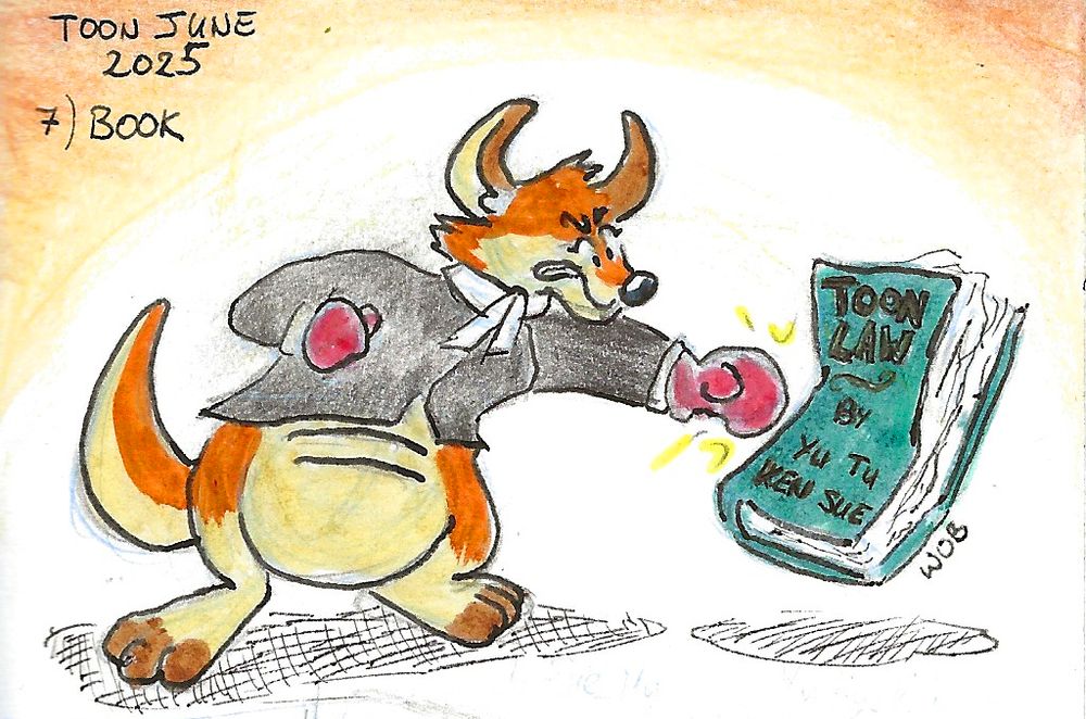 Judge Kavanagh the kangaroo dons boxing gloves as she punches a comically large legal textbook named "Toon Law, by Yu Tu Ken Sue"