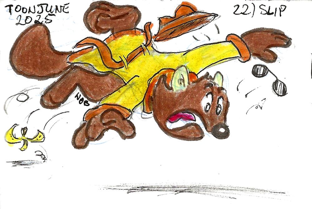 Shades has slipped on a banana peel. He pulls a wild take expression as he soars through the air and is about to crash.