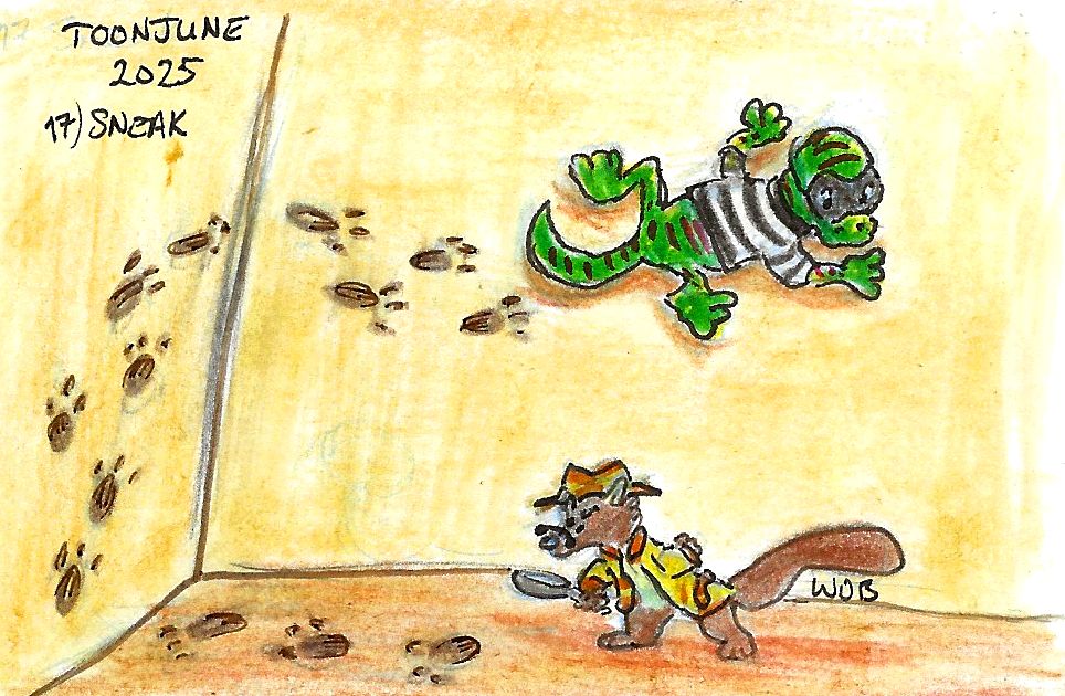 Shades is puzzled as he examines a trail of paw prints with his magnifying glass. The trail of paw prints lead on the ground, then up and around the walls. What he doesn't see is the gecko on the wall, donned in a black and white stripy jumper and a domino mask, classic burglar outfit.