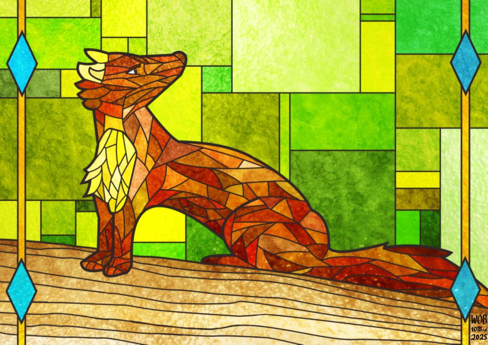 Digital art of a pine marten sitting on a log, drawn in the style seen in stained glass windows. The pine marten looks off pensively into the distance. A decorative border of lines and diamonds flank the sides of the picture.