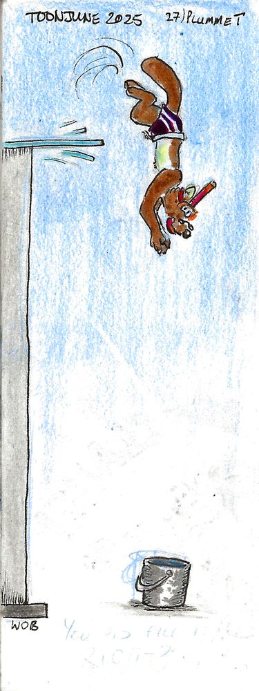 Shades wears swimming trunks, a snorkel and goggles as he swan-dives of a tall diving board aiming for the tiny metal bucket on the ground.