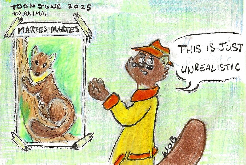 Shades O' Reilly stands in front of a poster captioned "Martes Martes", depicting a realistic rendition of a pine marten. He looks to the viewer, unimpressed, and says "This is just unrealistic"