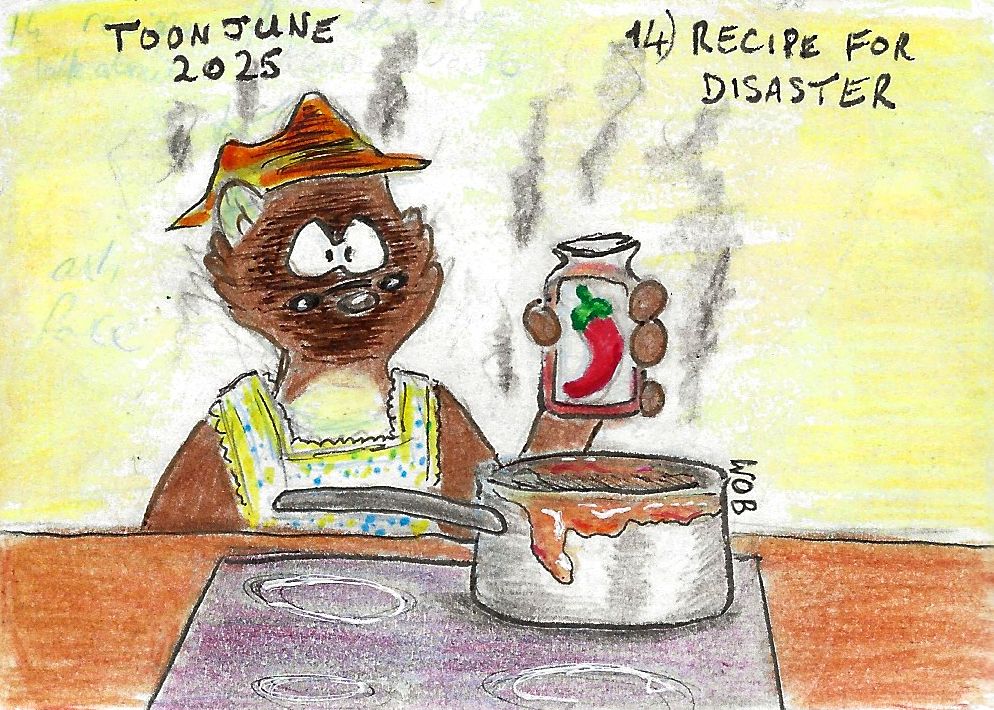 A dirty saucepan sits on the hob. Shades is holding a jar with a picture of a chilli on it. His face is ashen as smoke billows around him.