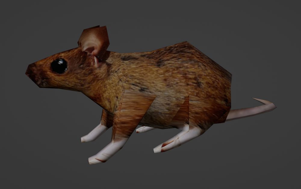 Image of a low poly 3D mouse with brown fur and big black eyes