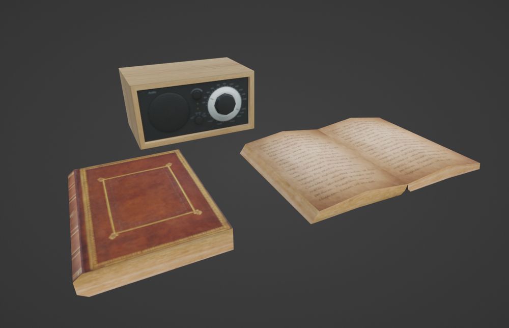 Low poly 3D radio, black face with light wood frame in the back, an old closed book with orange leather cover and gold decorations in the front left, with an open version in the bottom right.