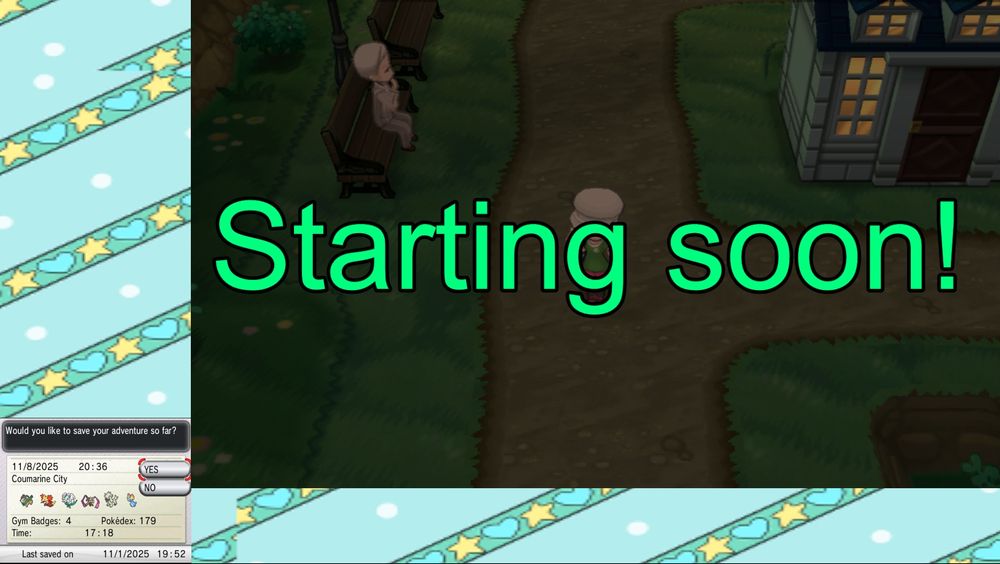 Starting Soon screenshot of my fifth Pokemon XY stream with my trainer in Coumarine City