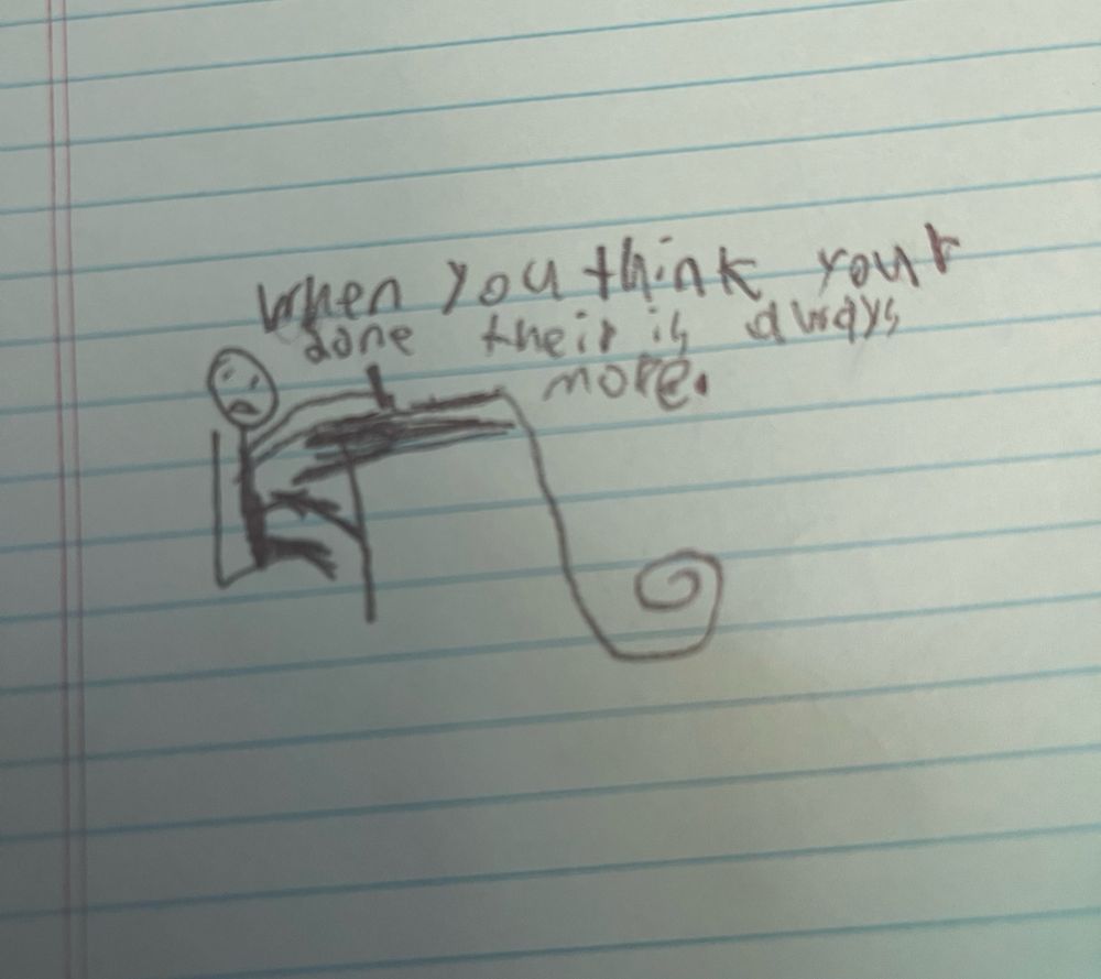 A stick figure at a desk writing on a paper so long it is curling up on the ground. The caption: When you think your done their is always more. 