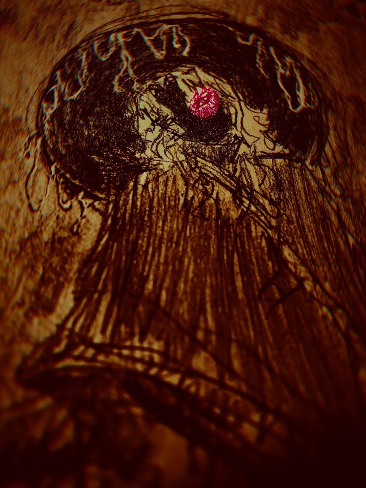 A digitally adjusted pencil sketch of my jellyfish persona. It is angled in a way where they seem like they are looking down at the viewer, face obscured save for one eye.