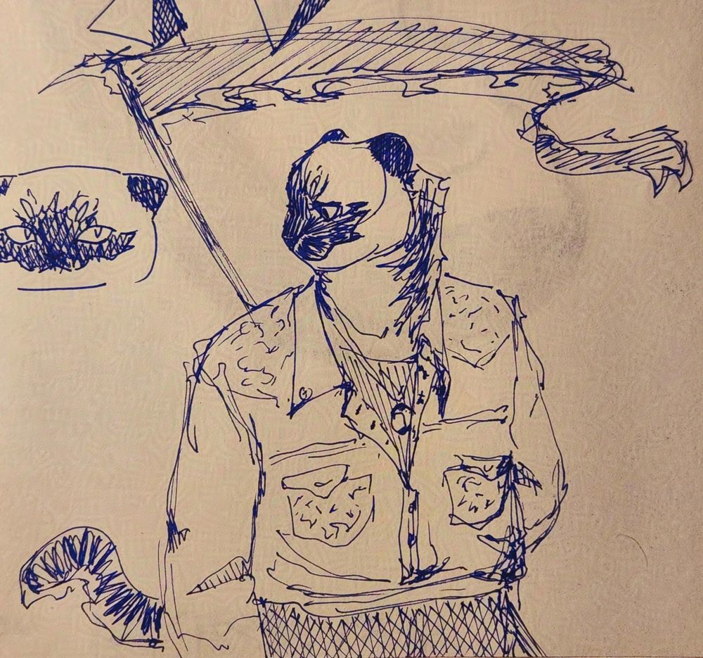 Pen doodle of my cat fursona (currently under development). It is a waist-up front view, with the subject looking to their right, holding a long-poled flag behind them.