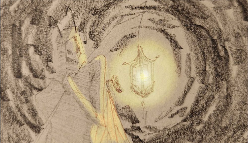 Pencil sketch and light digital coloring of a humanoid figure holding a lantern on a stick while otherwise shrouded in darkness.