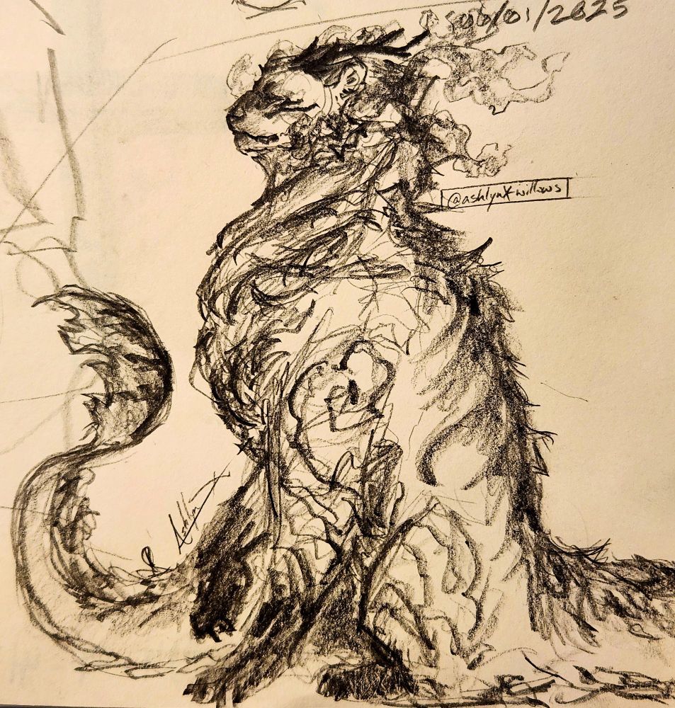 Pencil Sketch of my dragon persona. They are sitting in profile view, facing the viewer's left.