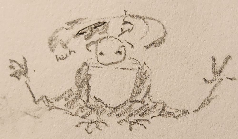 pencil doodle of my old, orignal persona. it's a scraggly stickfigure-like creature sitting in an odd way