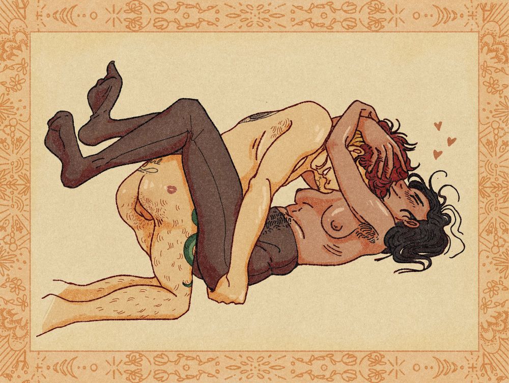 Nsfw art. A nude, red haired transwoman (Paradisa) with several tattoos is propped over another person (Mahtab) who lays beneath her. Mahtab holds Paradisa’s head tightly with a happy smile on her face. Mahtab is also nude, save for tights that have yet to be removed