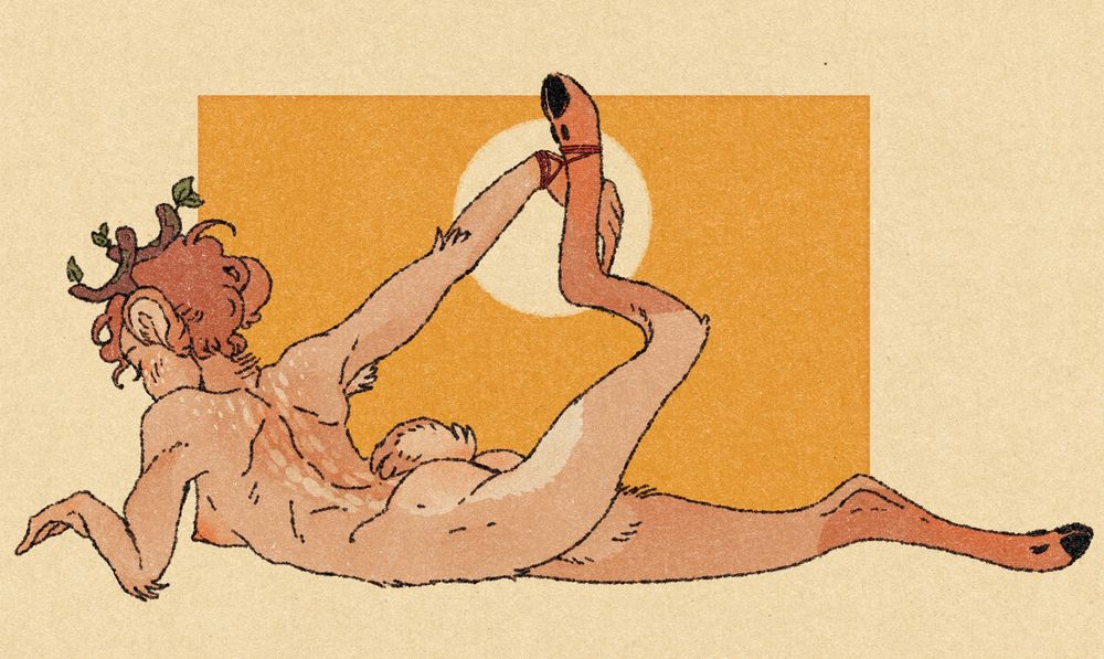 nsfw pinup art of my oc Ellis (he/him), a faun boy. The drawing depicts him tied in what is almost a lazy hogtie, with his right ankle attached to the wrist of his left arm. Despite the hunted animal imagery, he seems calm and resigned to what comes next