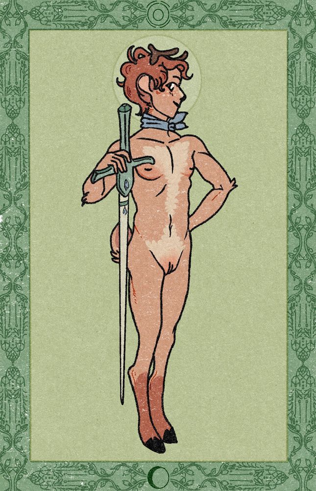 a flat color nsfw drawing of my OC Ellis, a transmasc faun. The style is supposed to call to mind traditional art printing techniques like wood or lino cut, although it is in full color and digitally rendered. Ellis stands proudly and holds a sword in one hand, looking back with a cheery expression. He is nude but the drawing isn’t otherwise erotic in tone. The background is mostly green with a hand drawn border around him